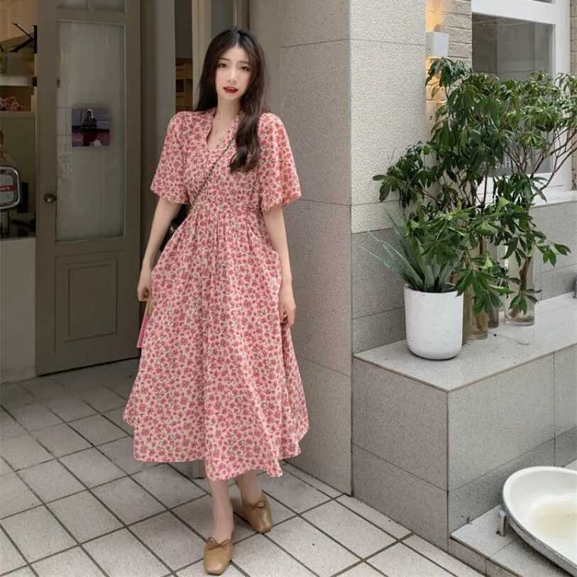 Korean Vintage Flower Chiffon Korean Dress For Women Basic Casual ...