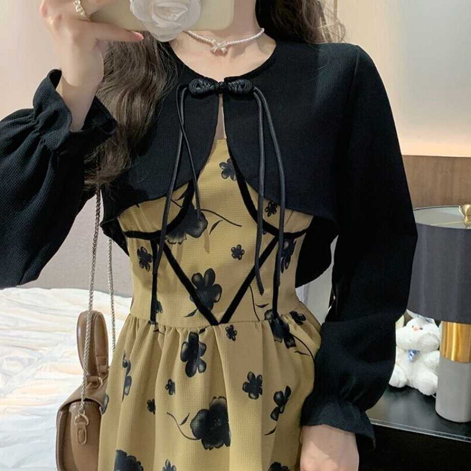 Korean Women Elegant Long Sleeve Printed Sweet Dress Sling Dress ...