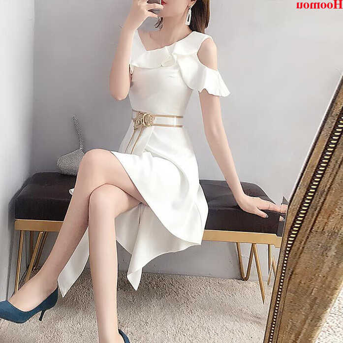 Korean Women Ruffle Cold Shoulder Hi-Low Asymmetric Cocktail Gown ...