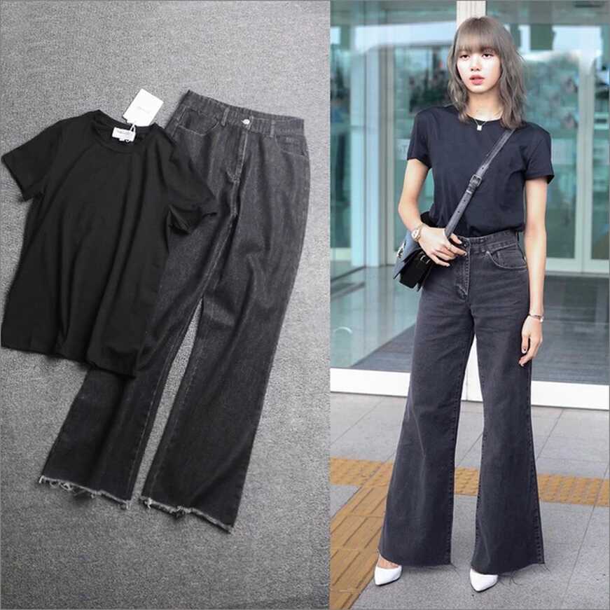 Kpop Korean Celebrity Black High Waist Wide Leg Jeans Women 2022 ...