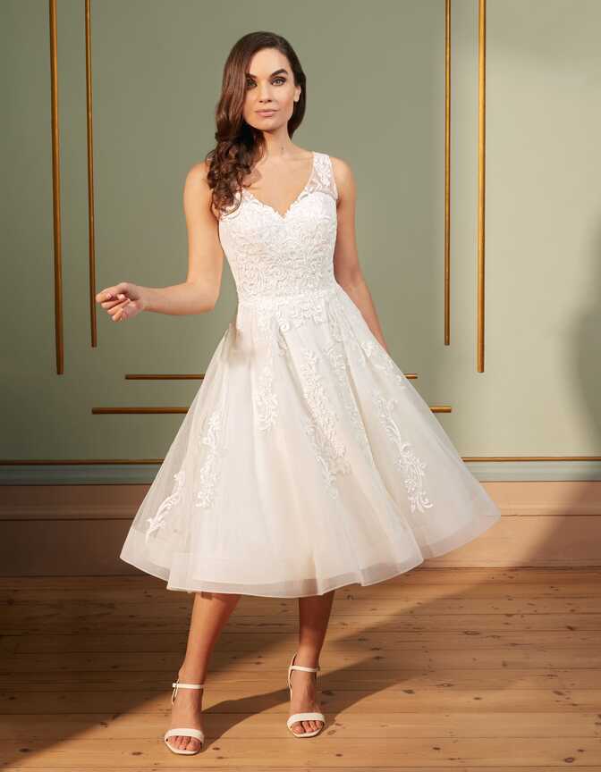 Kristina tea-length with ornate lace and illusion straps - WED2B