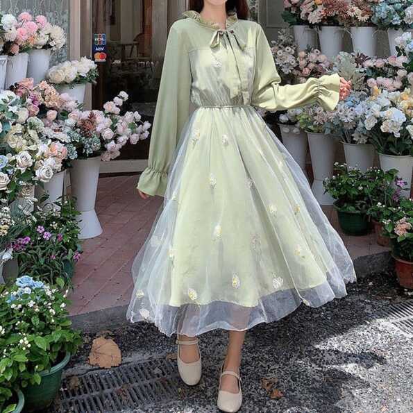 Kukombo Spring College Chiffon Long Sleeve Fairy Dress Party Green ...