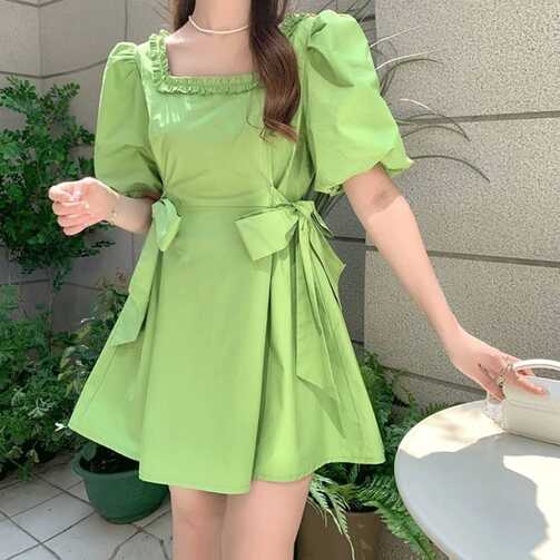 LEIGE Dress Women&#39;s Puff Sleeves Cute Korean Women&#39;s High Waist ...