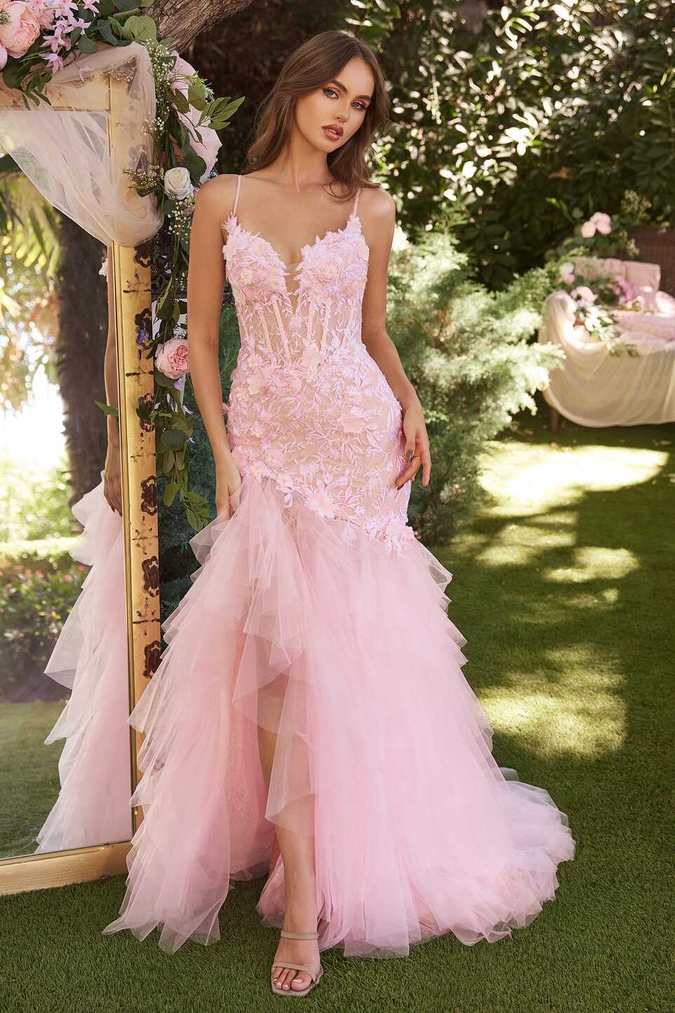 LEXLEY Baby Pink Romantic Floral Applique Tulle Mermaid Prom ...