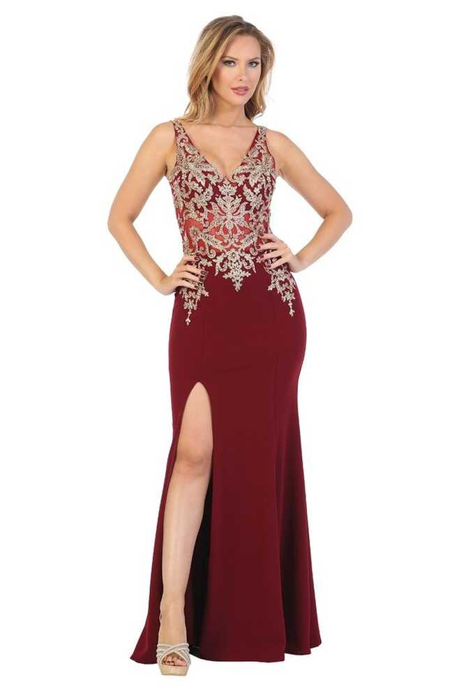 LF 7590 - Stretch Fabric Fit &amp; Flare Prom Gown with Sheer Gold ...