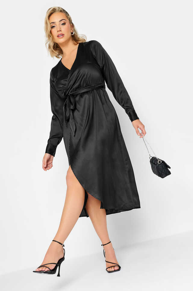 LIMITED COLLECTION Plus Size Black Satin Wrap Dress | Yours Clothing