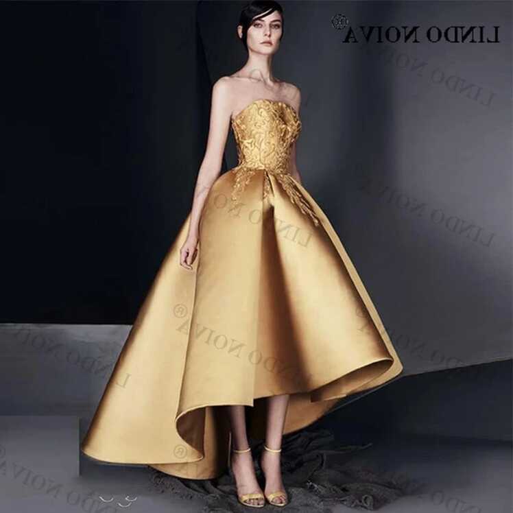 LINDO NOIVA Elegant Gold Prom cocktail Dress Strapless High-Low ...