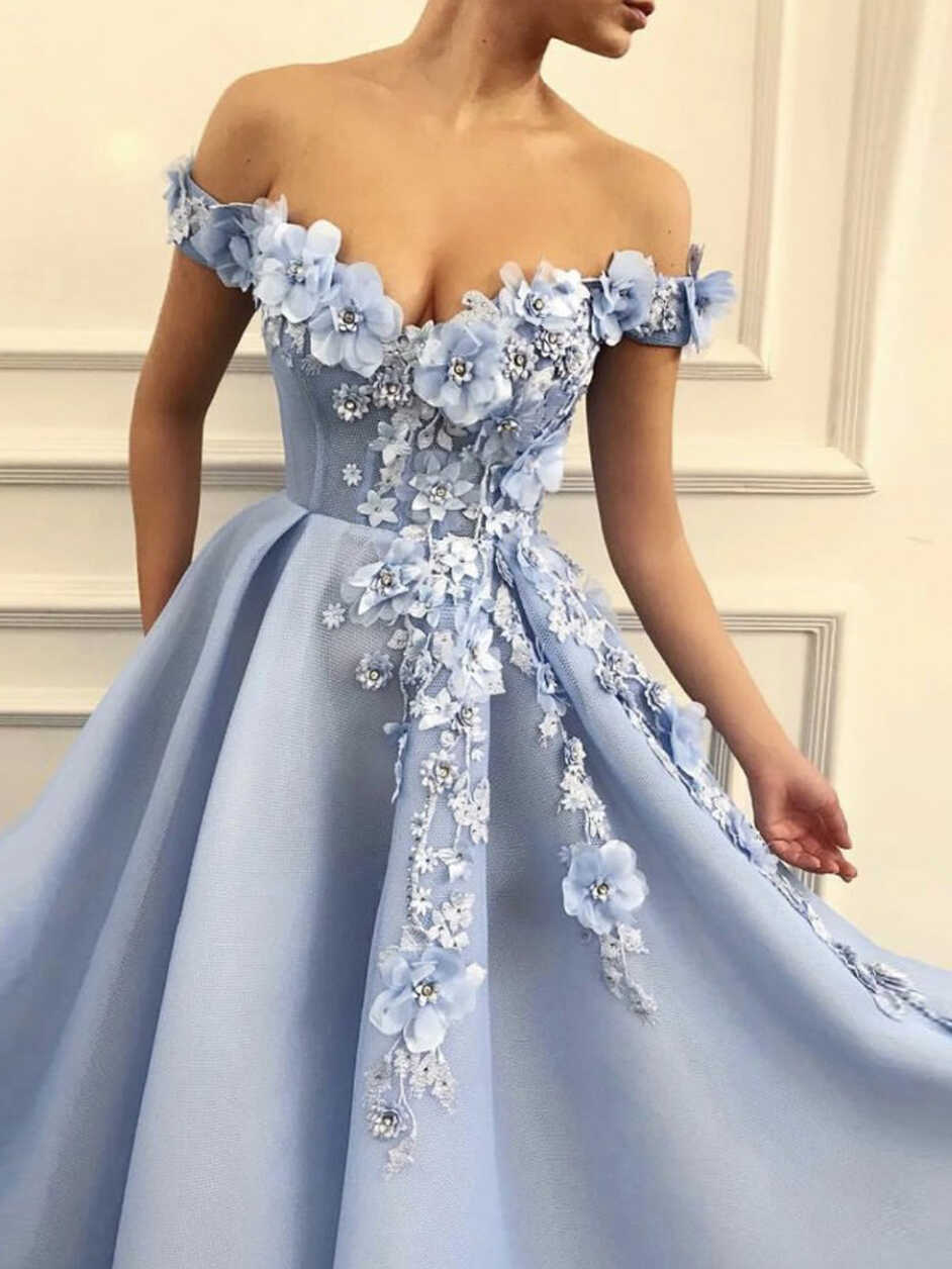 LORIE Baby Blue Princess Prom Dresses Off the Shoulder 3D Flowers ...