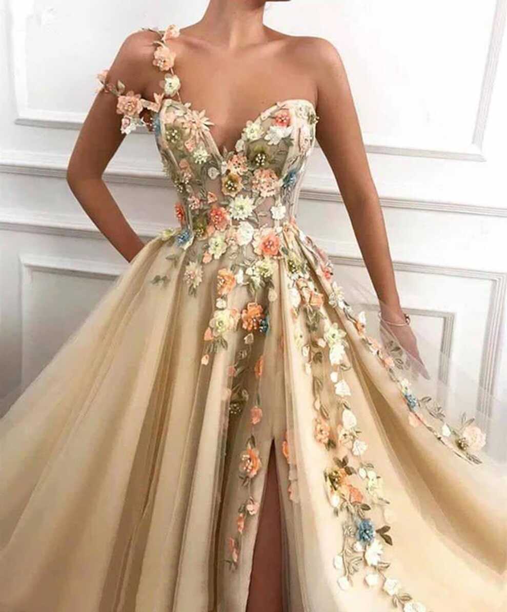 LORIE Elegant One Shoulder Prom Dresses Long 3D Floral Lace ...