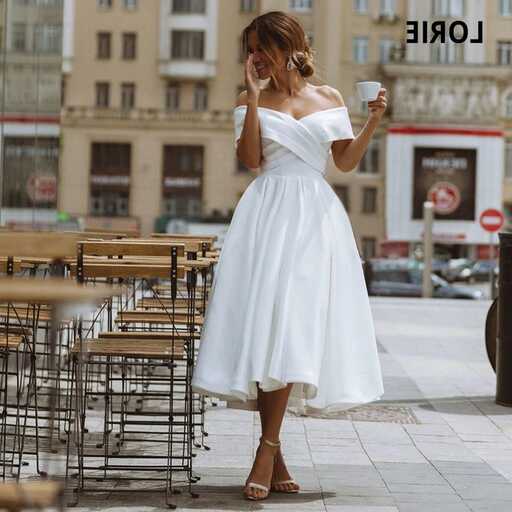 LORIE Simple Tea-length Wedding Dress Off the shoulder White Ivory ...