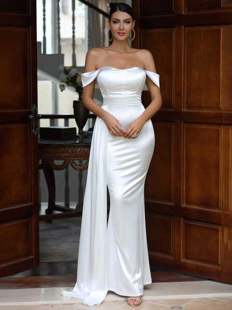 LOVE&amp;LEMONADE Off Shoulder Side Draped Wedding Dress | SHEIN EUR