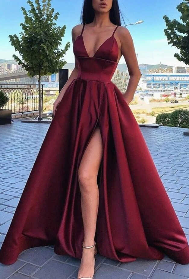 LTP0150,Spaghetti Straps V-neck Long Burgundy Prom Dresses With ...