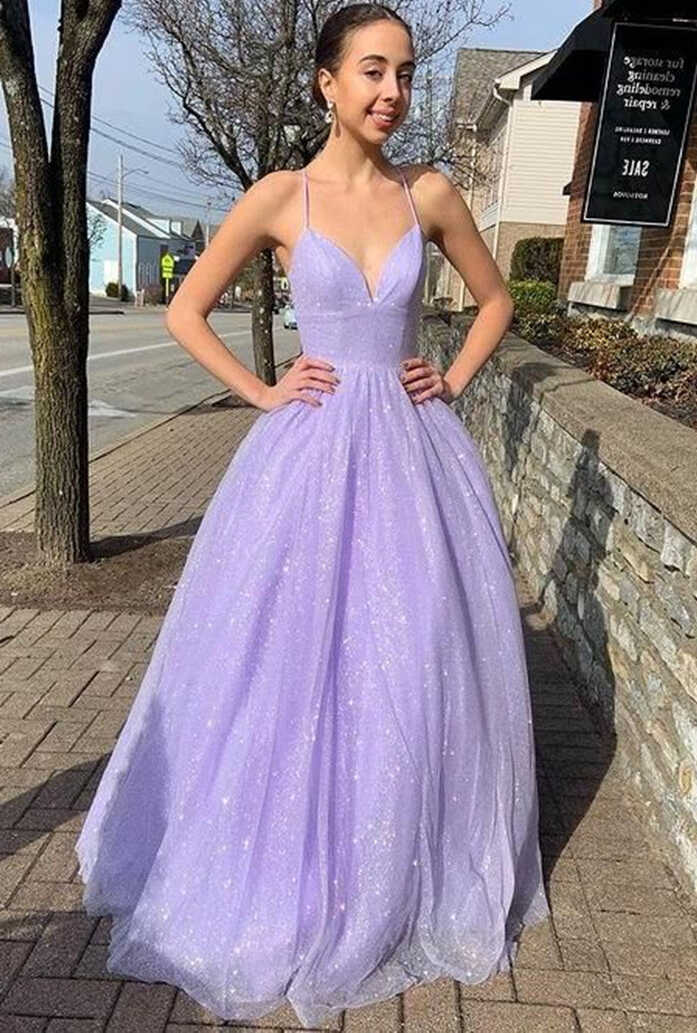 LTP0916,Lavender V-neck Sparkly Long Prom Dresses,Winter Formal ...