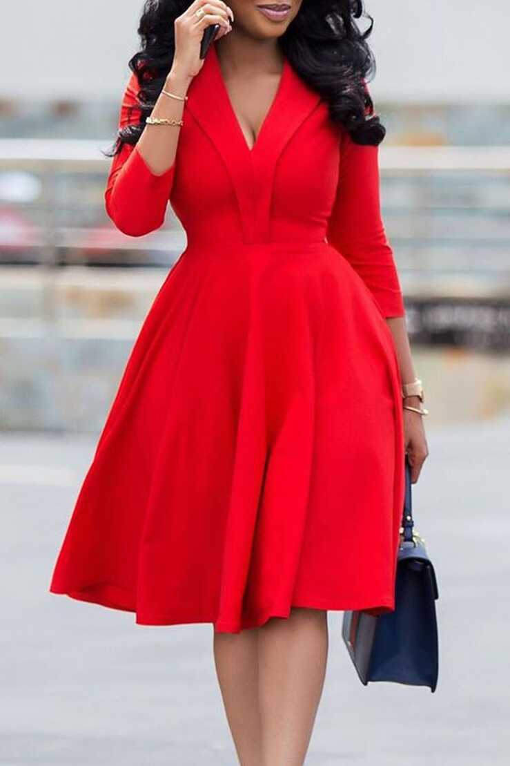 LW Lovely Leisure V Neck Red Knee Length Dress