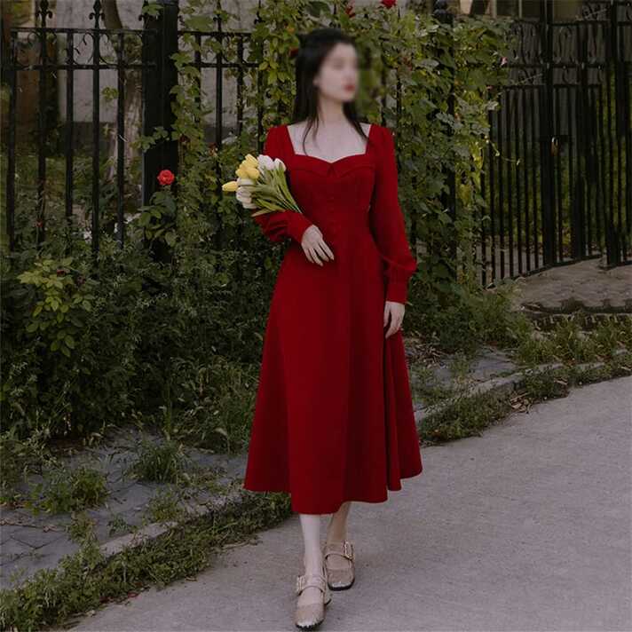 LZQDM Autumn Summer Women Red Dress Vintage Elegant Large Size ...