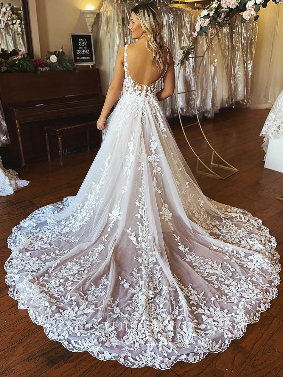 Lace Applique V-Neck Wedding Dresses Chapel Train Bridal Dresses ...