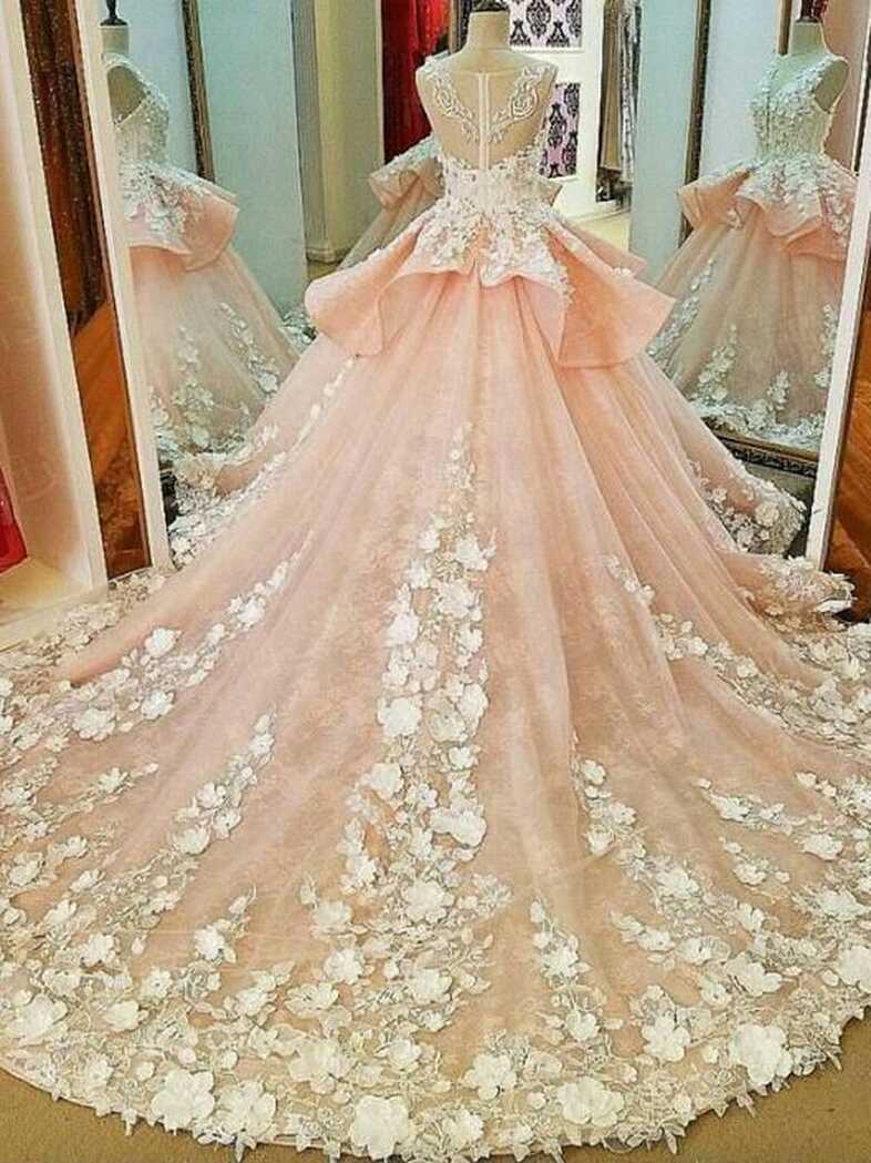 Lace Appliqued Princess Ball Gown Wedding Dresses Pink Bridal ...