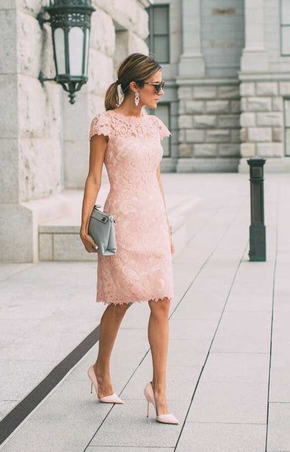 Lace Blushing Pink Formal Dresses Knee Length Wedding Party Dress