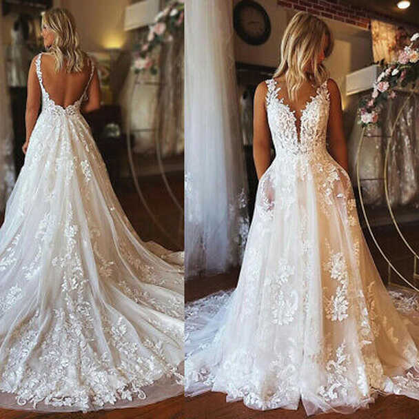 Lace Boho Wedding Dresses with Pockets V Neck Tulle A Line ...