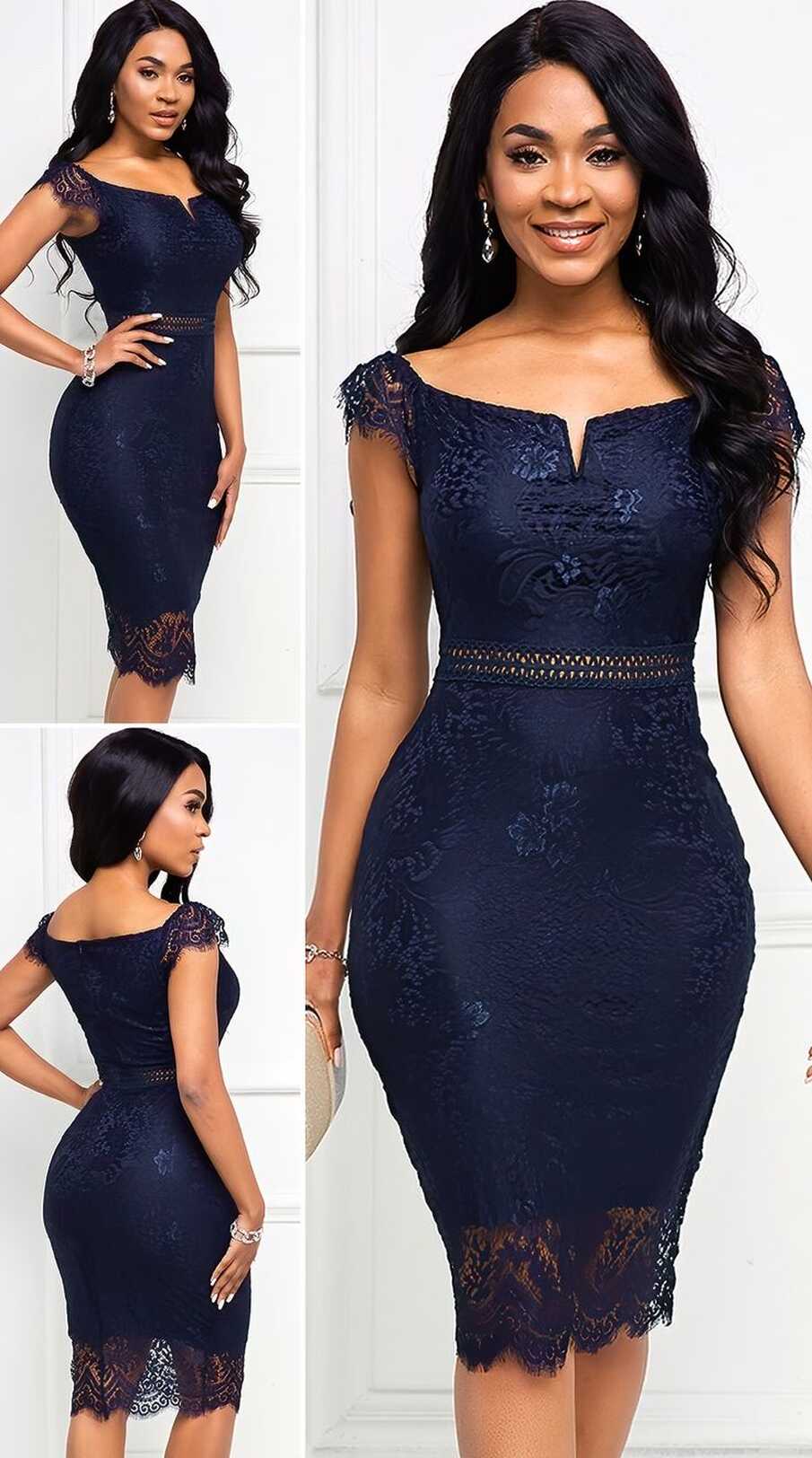 Lace Cap Dress Navy Blue Bodycon Dress