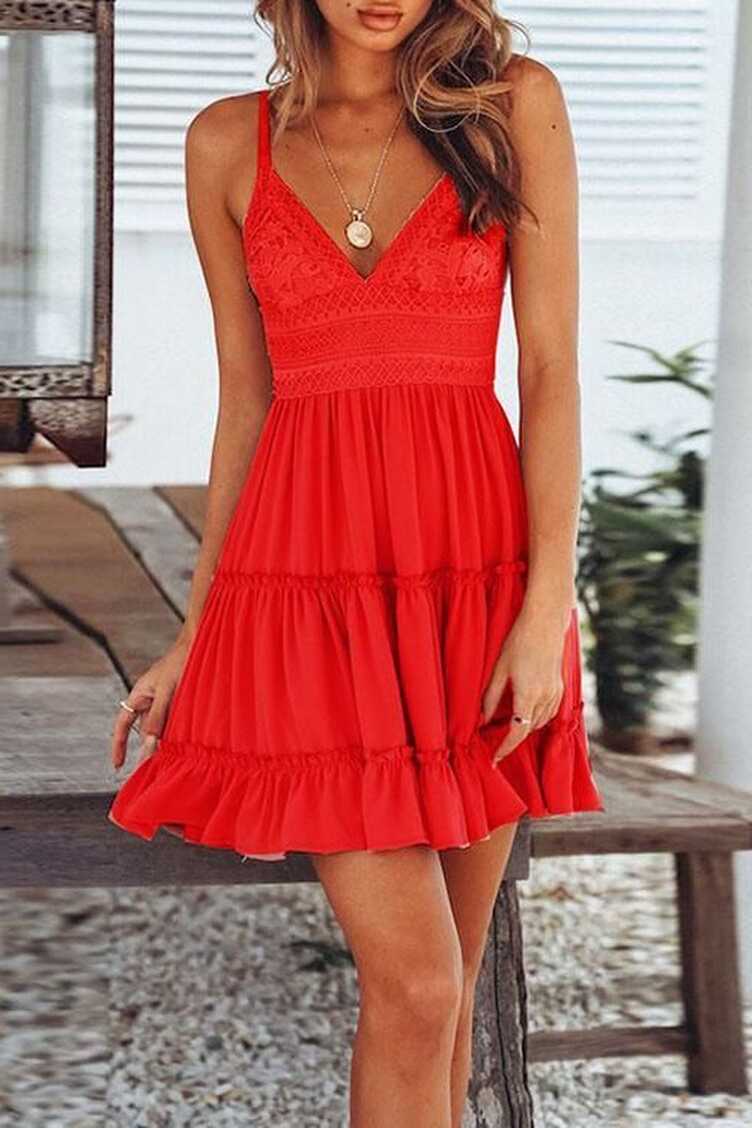 Lace Embroid Mini Dress - Red