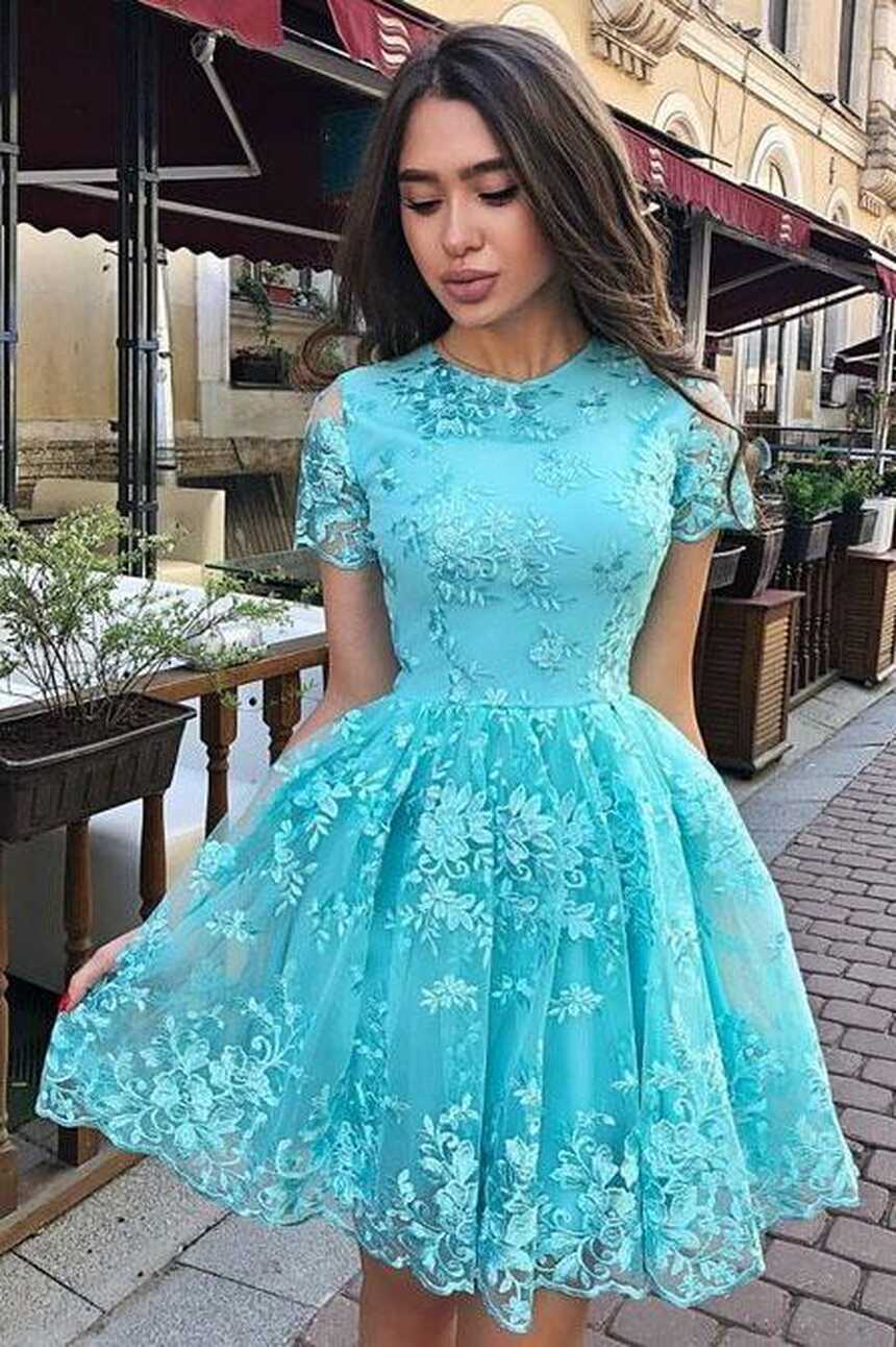 Lace Homecoming Dress with Sleeves, Short Prom Dress ,Back To ...