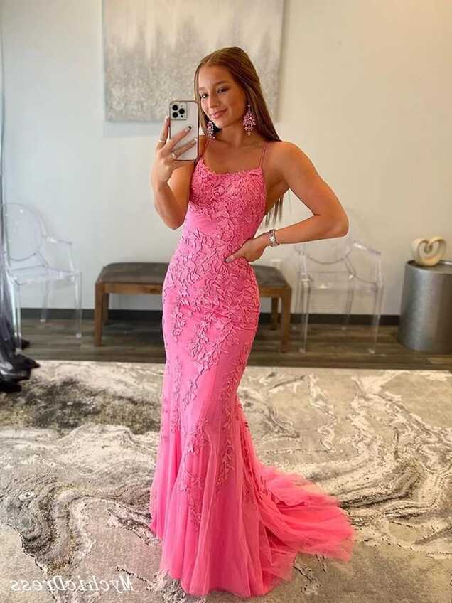 Lace Hot Pink Prom Dresses 2024 Mermaid V Neck Long Formal Dress ...