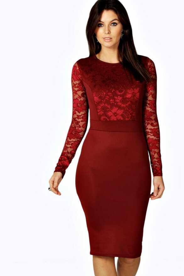 Lace Long Sleeve Bodycon Midi Dress