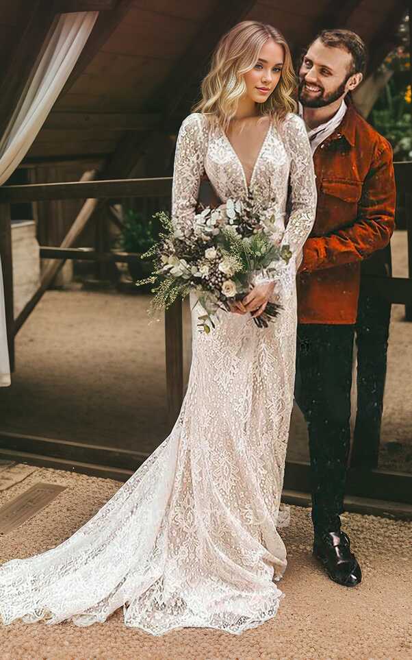 Lace Long Sleeve Boho Floral Vintage V-neck A-Line Wedding Dress ...