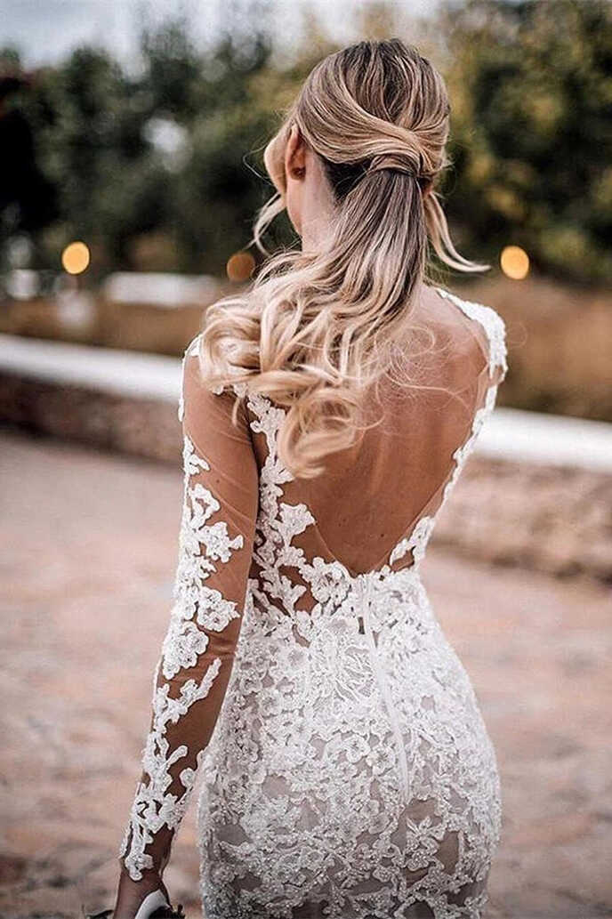 Lace Mermaid Backless Long Sleeves See Through Wedding Dress ...