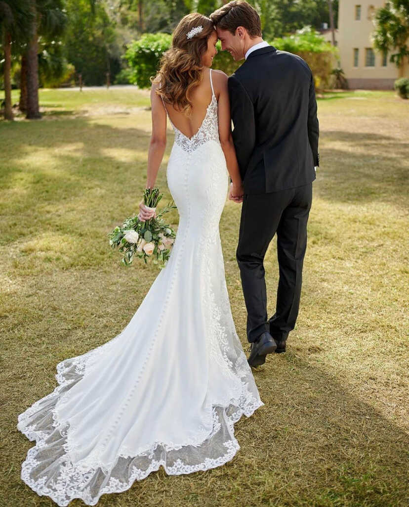 Lace Mermaid Wedding Dress with Spaghetti Straps and Flowing Train ...