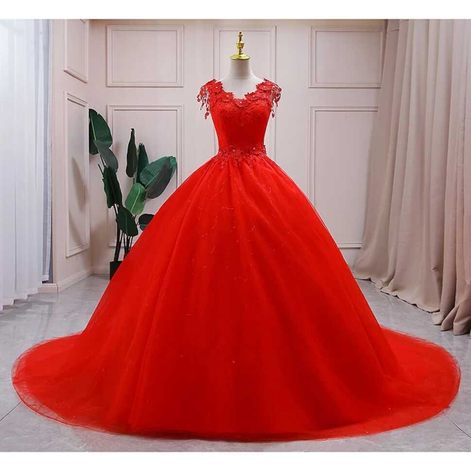 Lace Red V Neck Wedding Dress 2023 Simple Princess Ball Gown ...