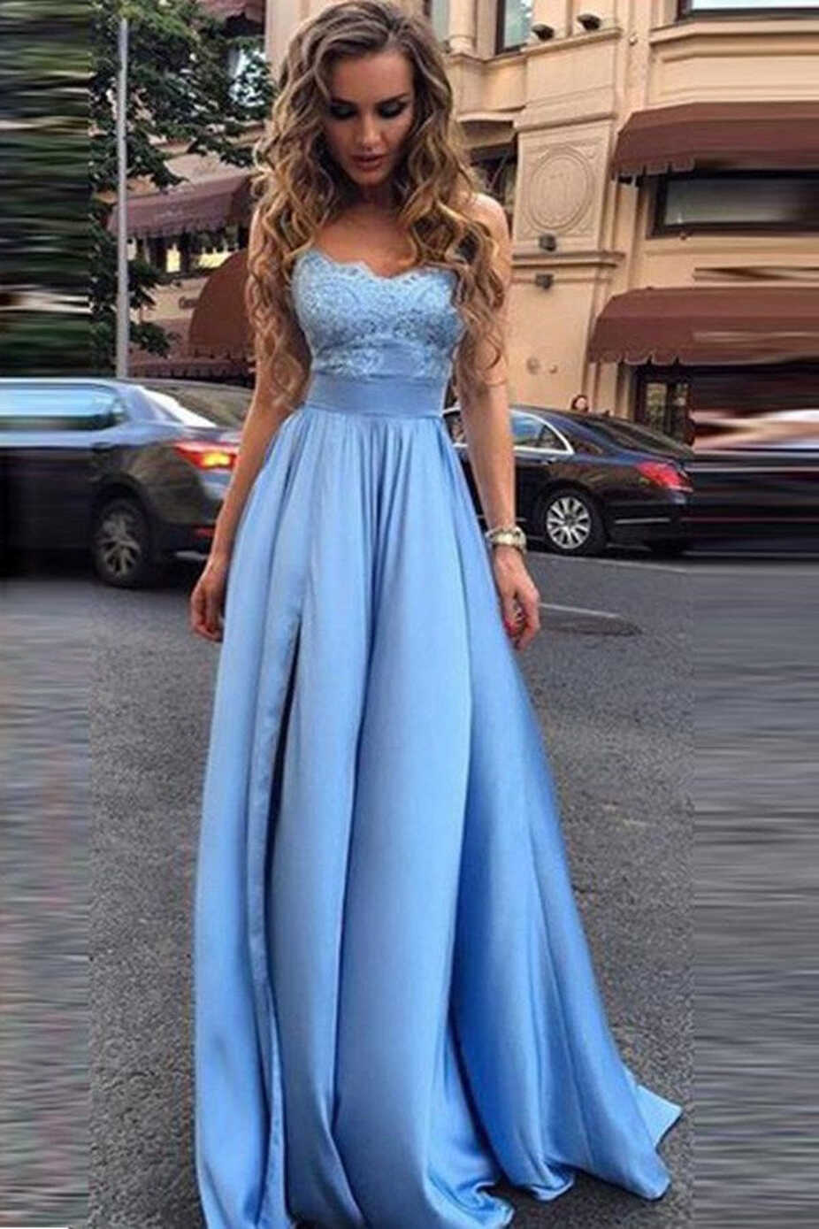 Lace Sweetheart A Line Light Blue Prom Dress JTA9451