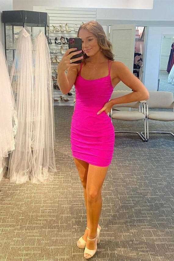 Lace Up Spaghetti Straps Short Homecoming Dress Hot Pink Party ...