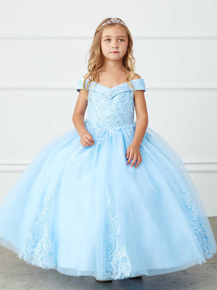 Lace and Tulle Off-the-Shoulder Sky Blue Flower Girl Full Length ...