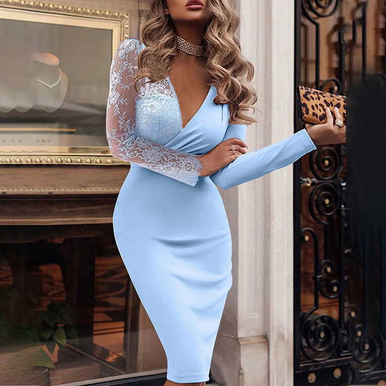 Ladies Deep V Neck Elegant Dress Knee Length Long Sleeve Bodycon ...