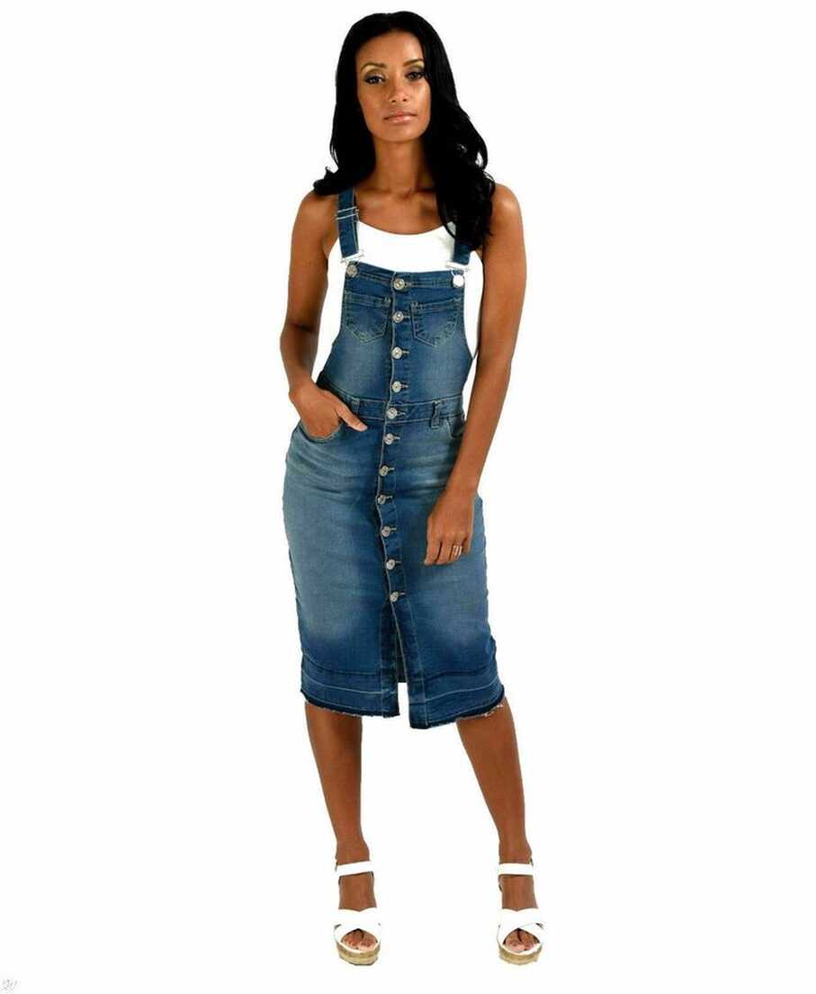 Ladies Denim Knee Length Button Pinafore Dress. Sizes 8-20. - UK ...