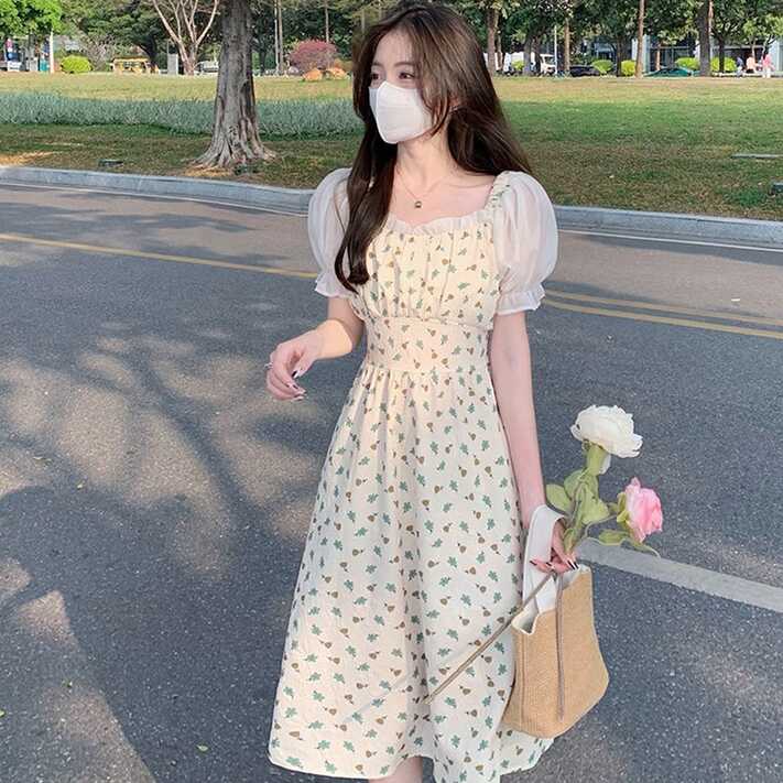 Ladies Dress 2022 Ladies Square Neck Puff Sleeve Floral Korean ...