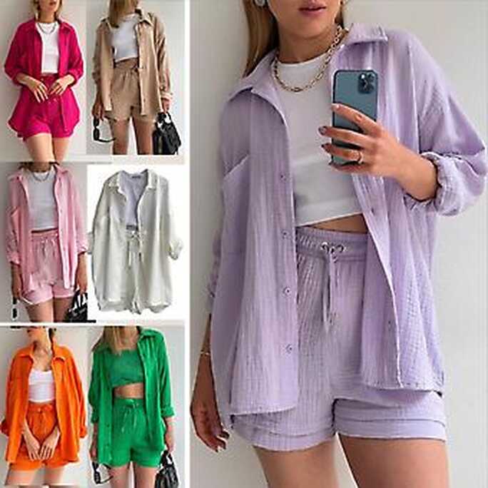 Ladies Long Sleeve Shirts Shorts Set Loose Tops Crepe Shirts ...