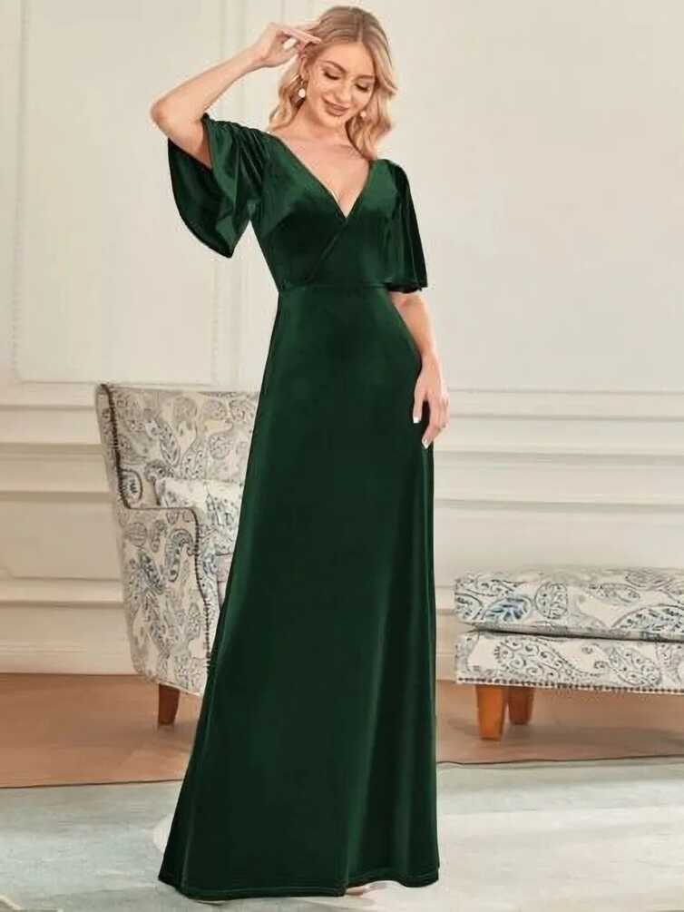 Ladies Party Maxi Dress Womens Emerald Green Velvet Evening Prom A ...