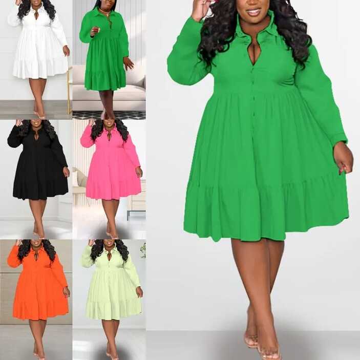 Ladies Plain Dress Long Sleeve Knee Length Dresses Women Plus Size ...