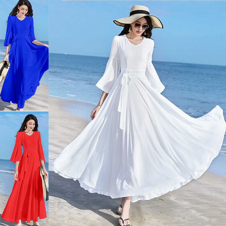 Ladies Solid Flare Sleeve Chiffon Dress Maxi Long Swing Dancewear ...