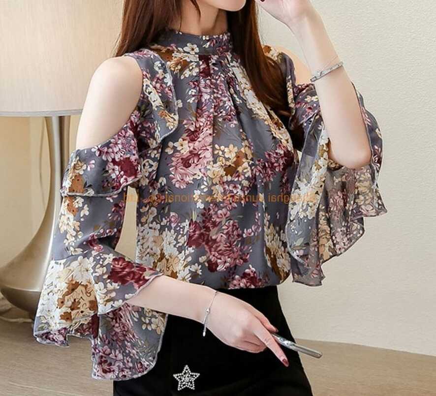 Ladies Tops Floral Chiffon Blouse for Women Tops Ruffles Stand ...