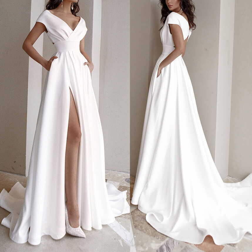 Ladies White V Neck Long Dress Evening Dress Formal Dress Long ...