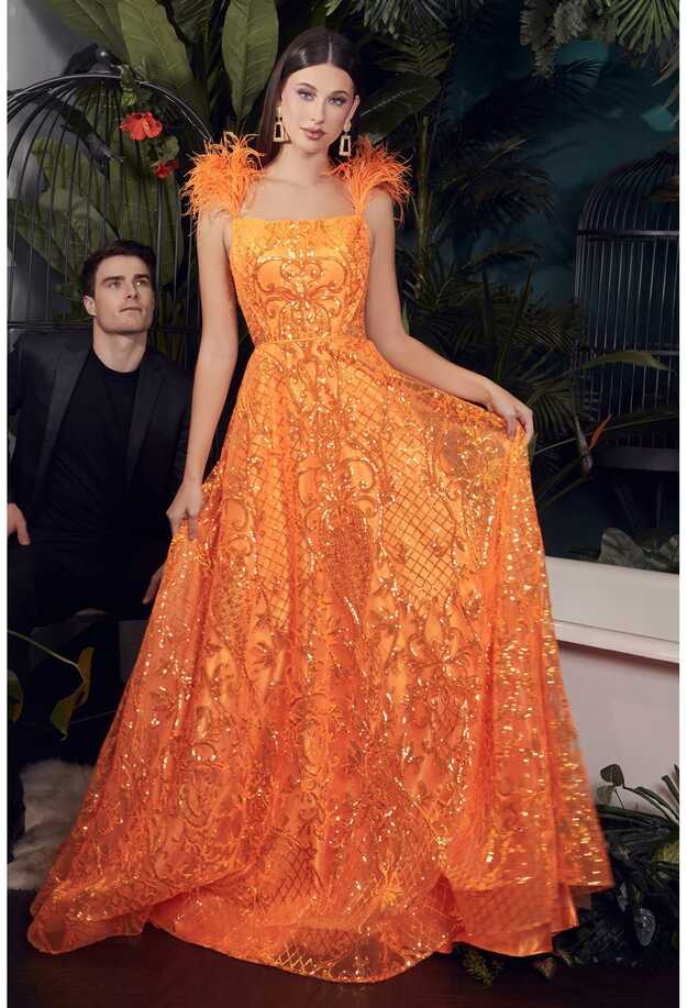 Ladivine KV1076 Neon Orange Sequin Feather Prom Dress A Line Sheer ...