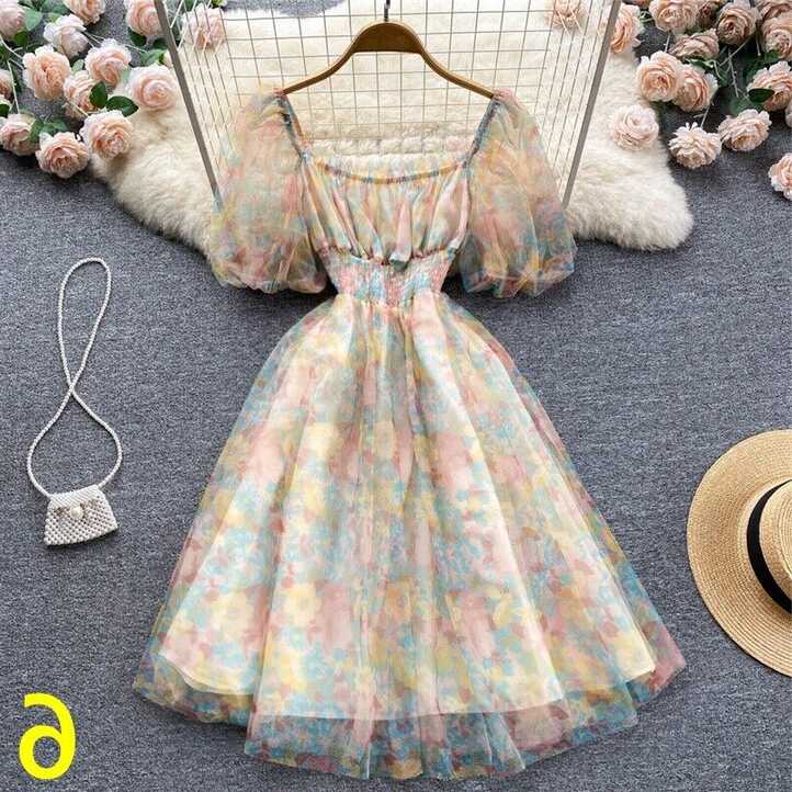 Lady A-line Chiffon Floral Short Dresses Square Neck Puff Sleeve ...