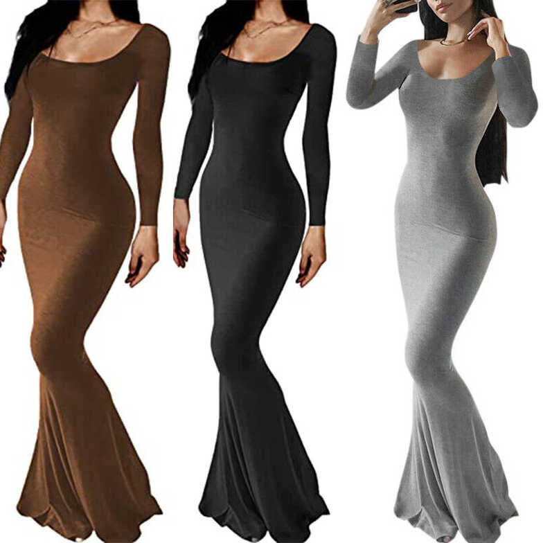 Lady Long Sleeve Bodycon Maxi Long Dress Slim Sexy Elegant ...