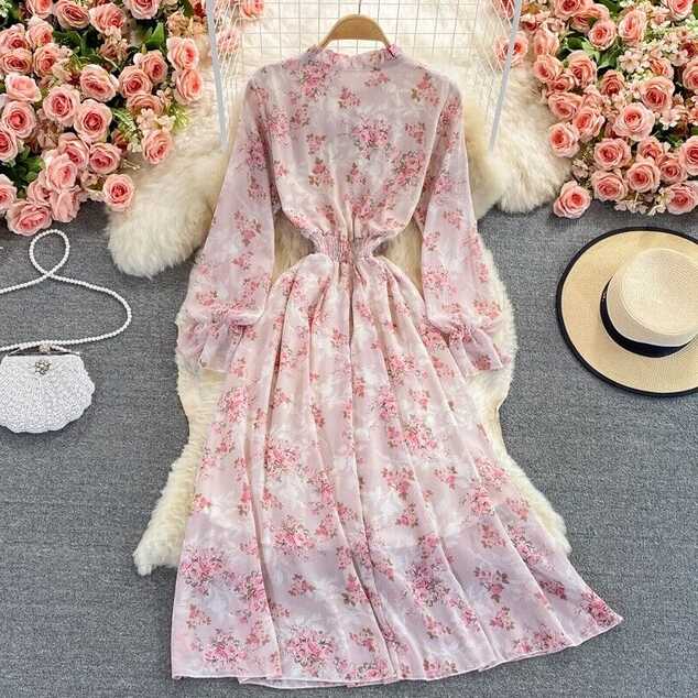 Lady Long Swing Dress Chiffon Floral Flared Sleeve Sweet Casual ...