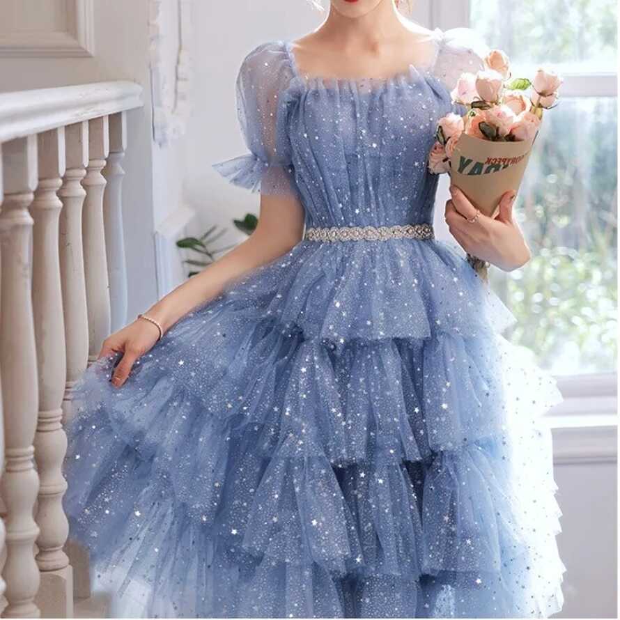 Lady Shiny Mesh Tiered Dress Stars Sequins Knee Length Princess ...