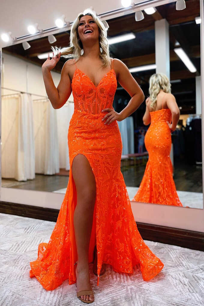 Lakelynn Orange Mermaid Spaghetti Straps Sequined Lace Prom Dress ...